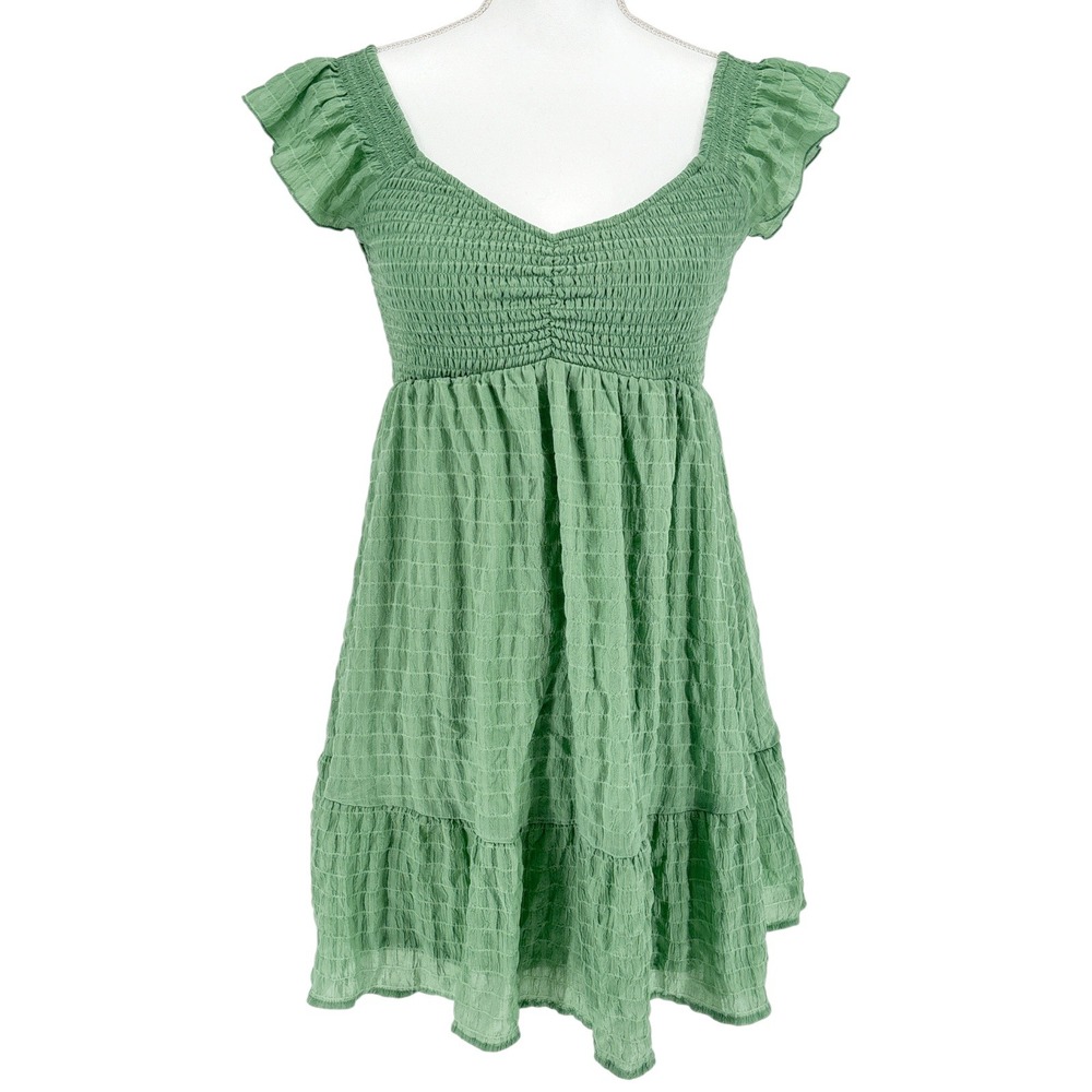 Thirty Thirty LA Green Smocked Ruffle Sleeve Mini Dress Cottagecore Boho